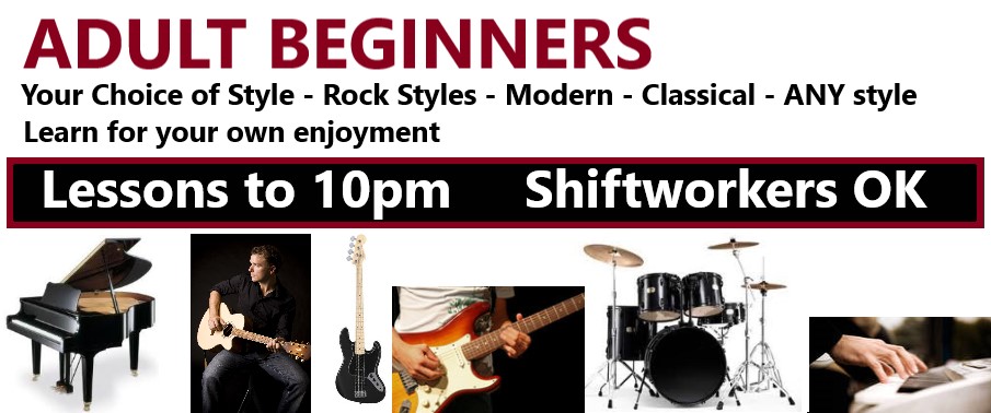 music lessons for adult beginners, adult beginner guitar, adult beginner piano, adult beginner drums, adult beginner keyboard